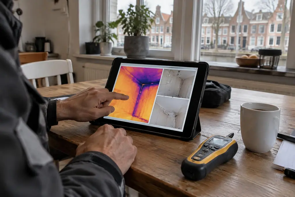 Lekdetectie Sassenheim – lekdetectierapport met warmtebeelden en foto's op een tablet