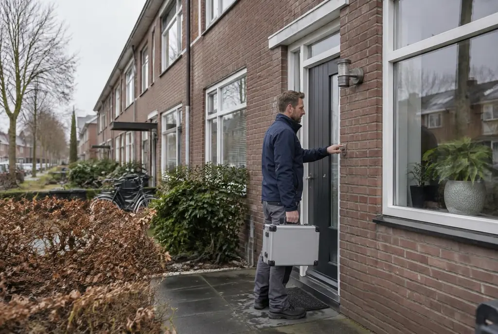 Lekdetectiespecialist met meetkoffer bij de voordeur van een woning in Sassenheim
